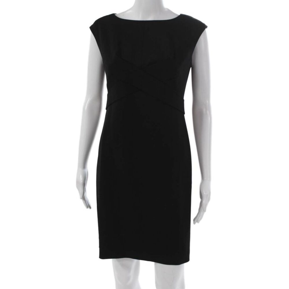 Ann Taylor Womens Sheath Dress Black Short Sleeve Boat Neck Zip Size 4P